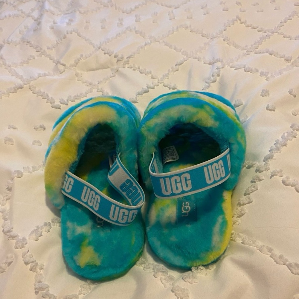 UGG Blue and Yellow Fluffy Slippers
